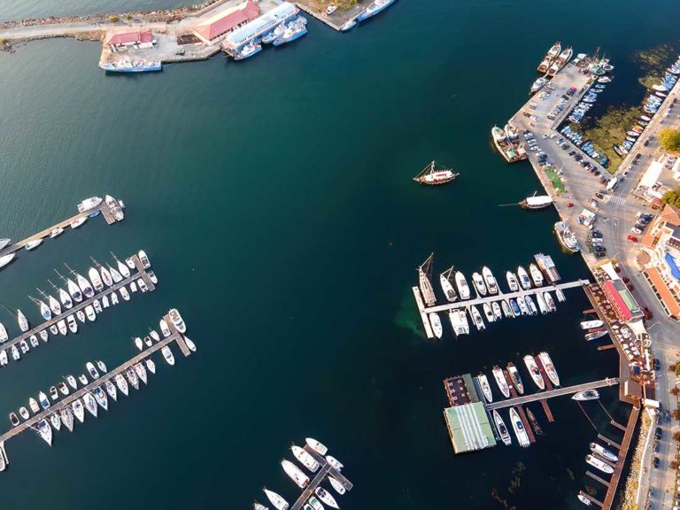 Aerial sunset view of the old and new marina in Sozopol, Bulgaria