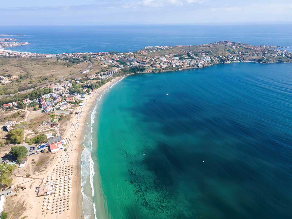 Aerial view of Smokinya Beach, Kavacite, Budjaka, near Sozopol, Bulgaria