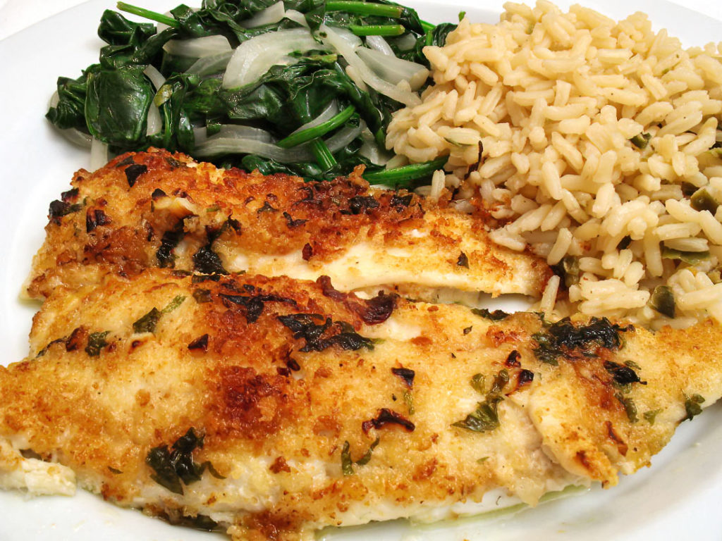 Lightly Breaded Pan-Seared Flounder with Brown and Wild Rice and Spinach