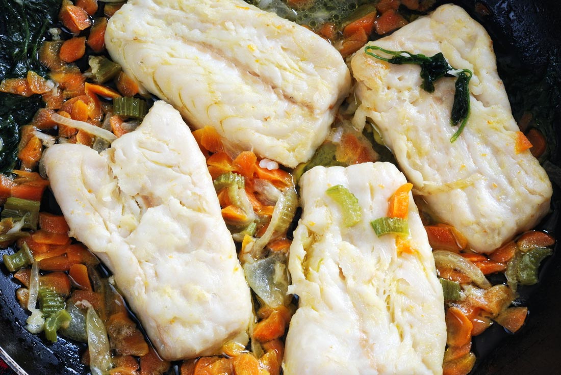 Cod Fish Don Cod Fillets with Carrots, Celery, Onions, and Spinach - Gourmet - GuideBG