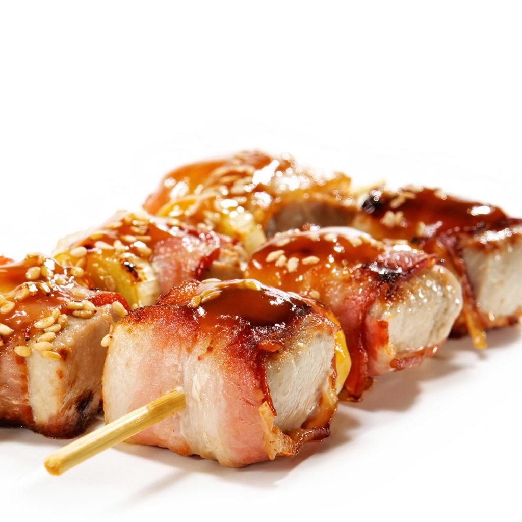 Pan-Seared Tuna Wrapped in Bacon Skewers with Teriyaki and Sesame Sauce
