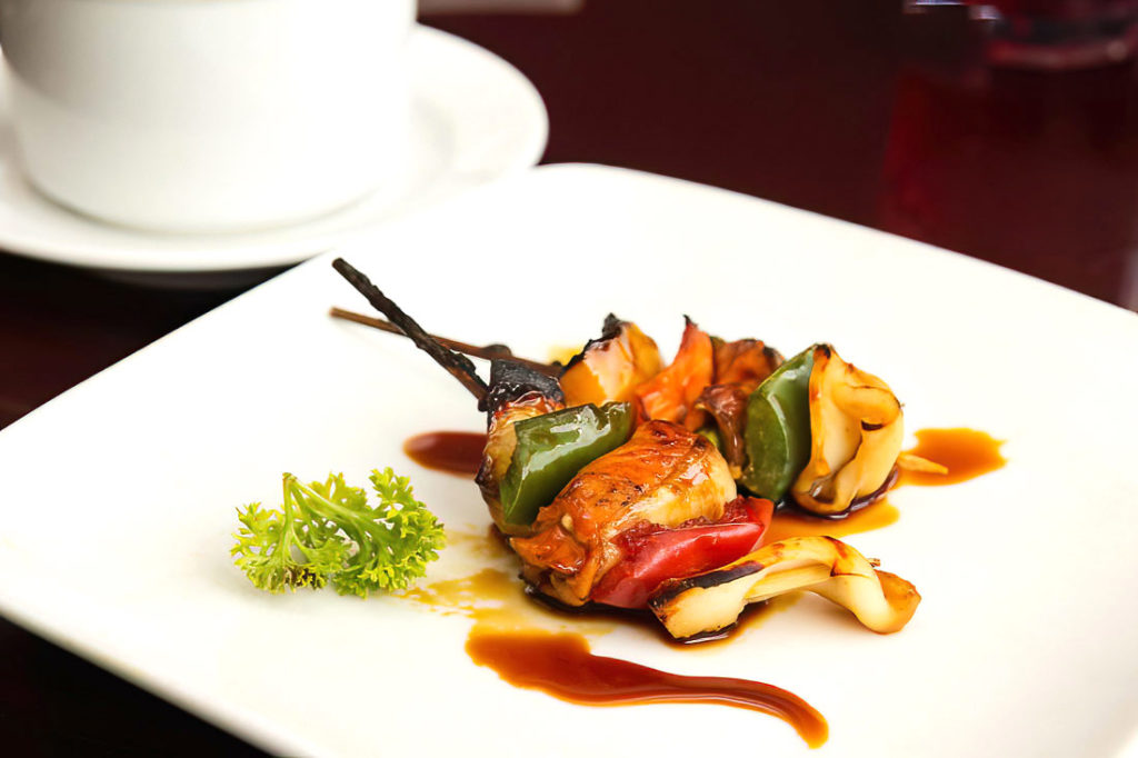 Salmon and Squid Satay Skewers with Red and Green Peppers