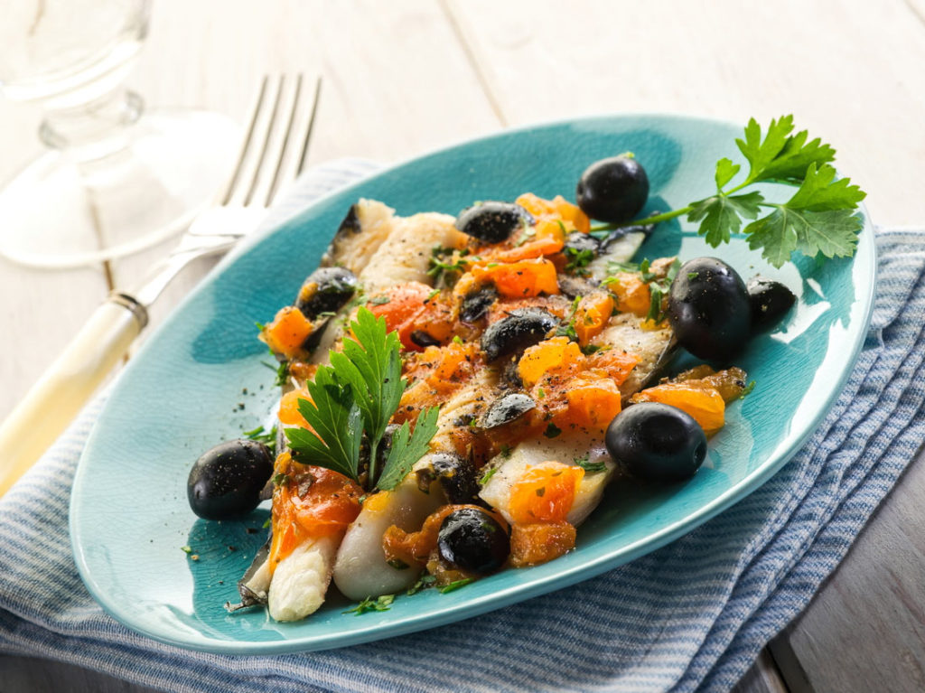 Cod Fillet with Black Olives and Fresh Tomatoes