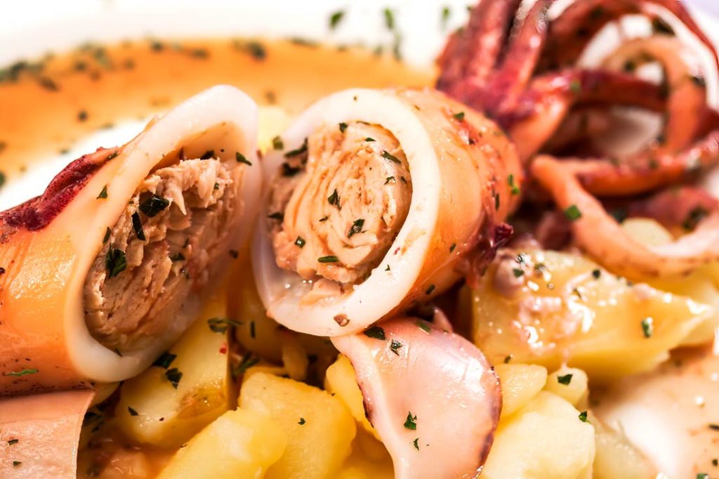 Squid Stuffed with Tuna and Potatoes in Chicken Broth