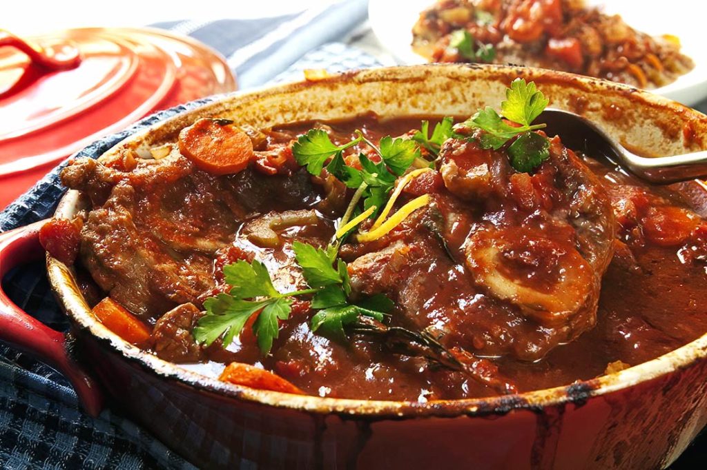 A classic Italian dish of braised veal shanks with a rich vegetable sauce.