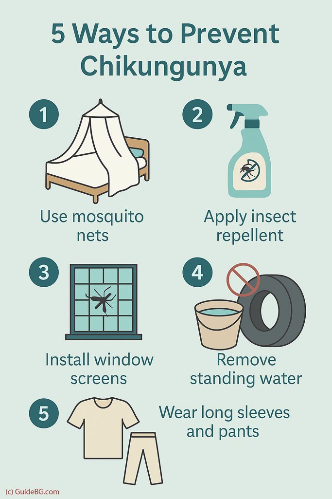 Tips for mosquito protection including net use, repellent, and removing standing water